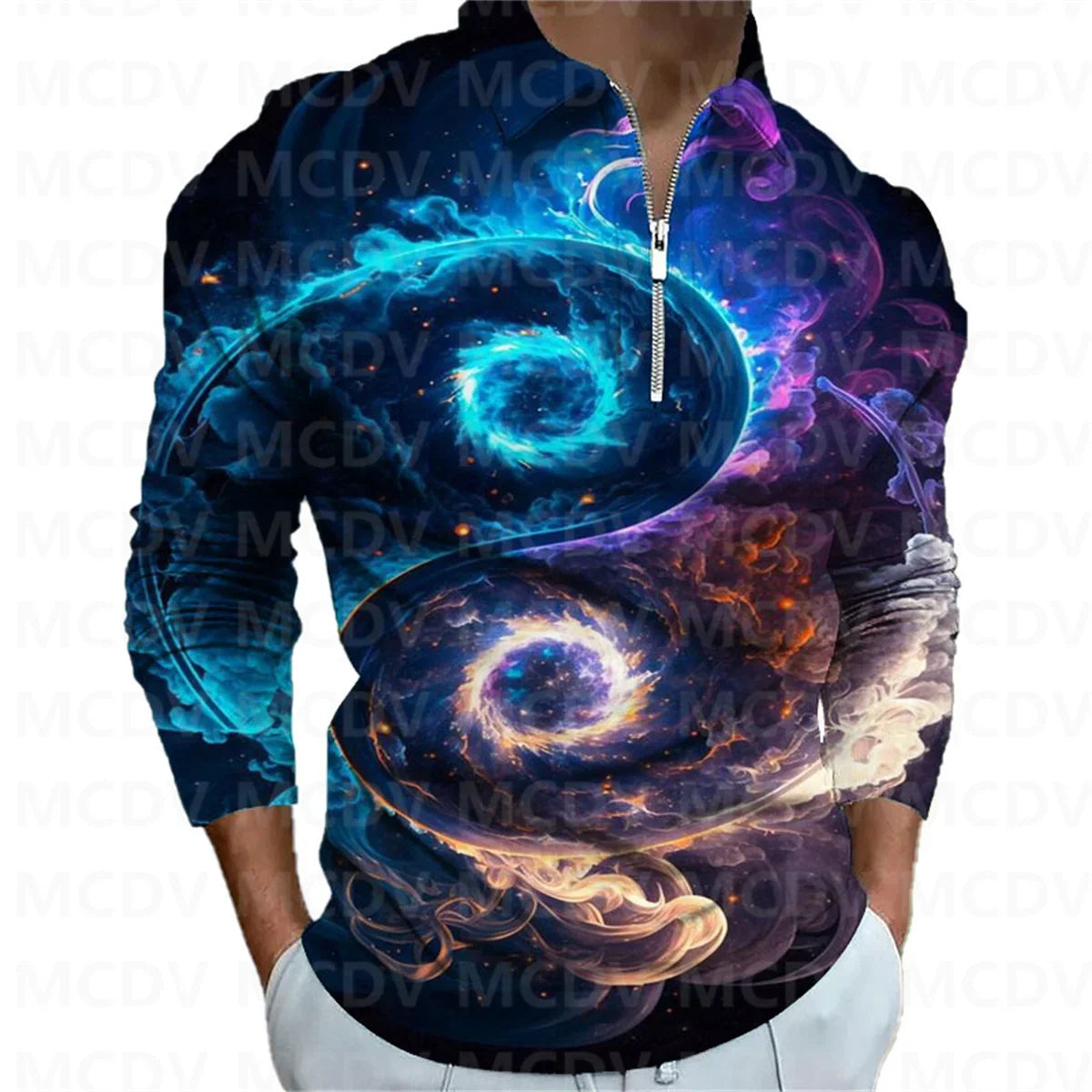 2023 New Men's Long Sleeve Zipper Polo Shirt Psychedelic 3D Printed Polo Long Sleeve T Shirt Casual Tops