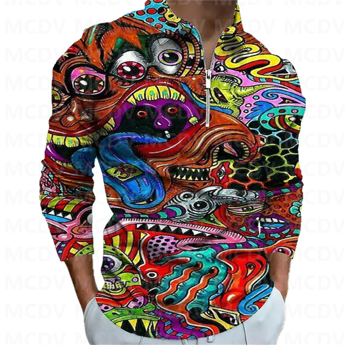 2023 New Men's Long Sleeve Zipper Polo Shirt Psychedelic 3D Printed Polo Long Sleeve T Shirt Casual Tops