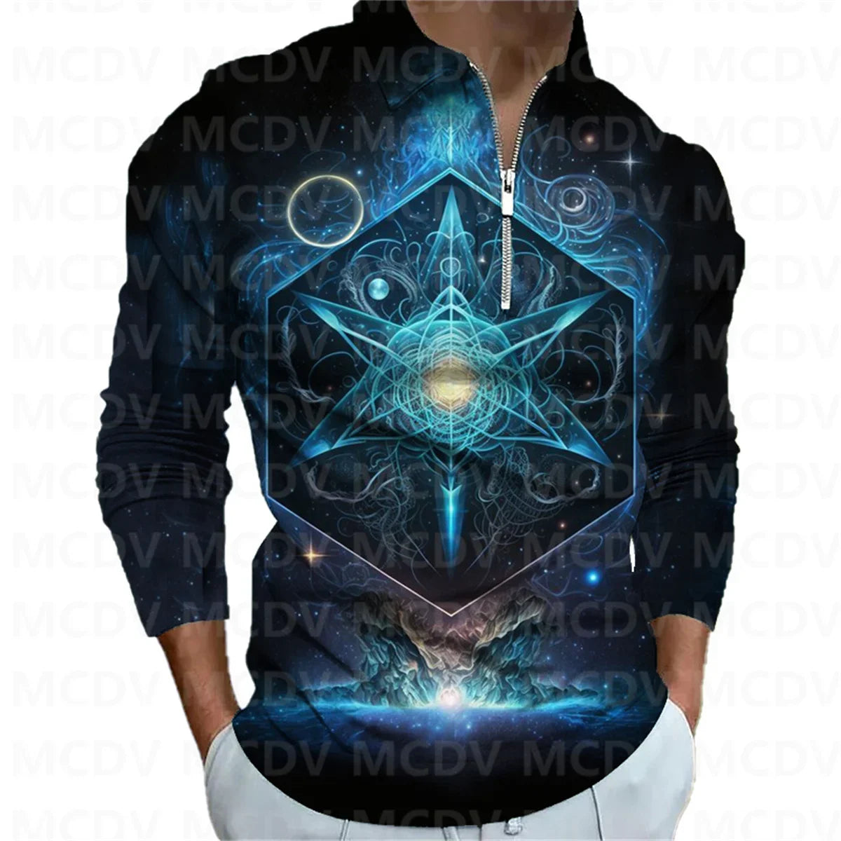 2023 New Men's Long Sleeve Zipper Polo Shirt Psychedelic 3D Printed Polo Long Sleeve T Shirt Casual Tops
